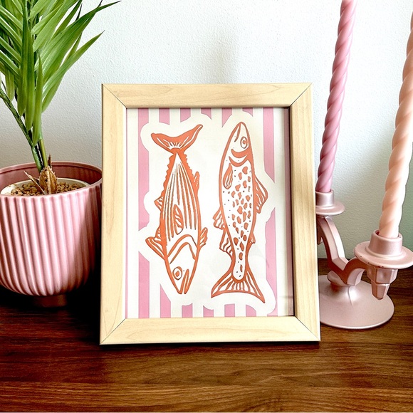 Retro Sardine Pink White Striped Canvas Print Wall Art Wood Framed Italy Ocean